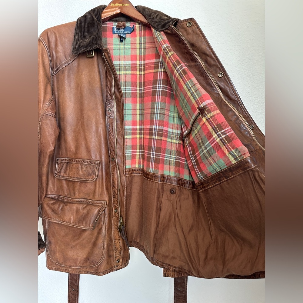 RARE Vintage Polo Ralph Lauren Brown Leather Jacket Biker Chore jacket hybrid XL - Picture 6 of 17